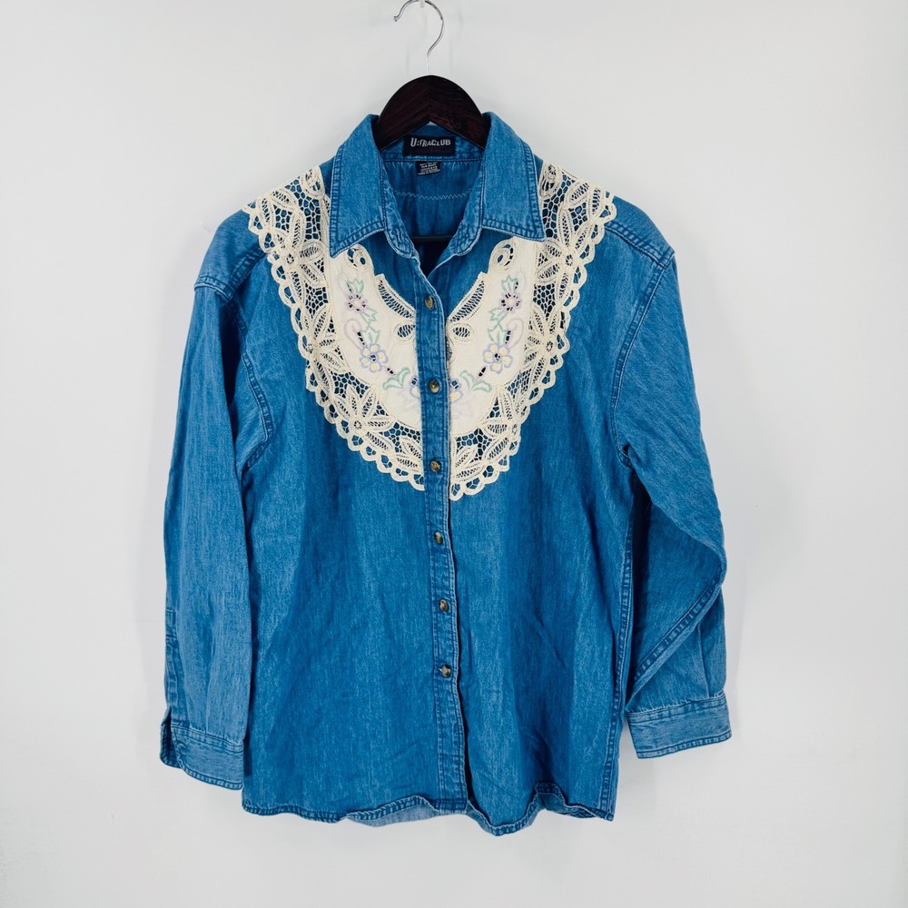 Vintage Denim Lace Crochet Shirt Medium Floral Embroidered Western Cottagecore